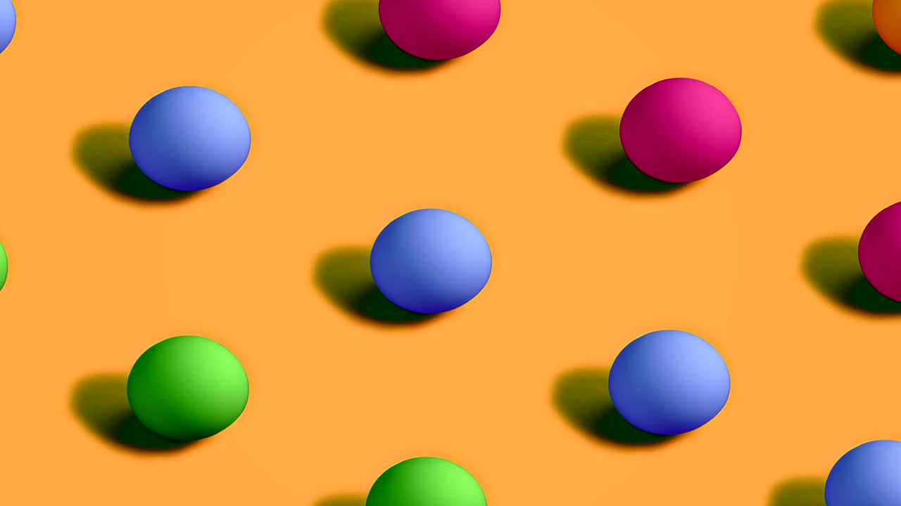 Colorful Easter Eggs rotating in rows in seamless loop on orange background.