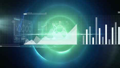 animation of data processing over light trails and circles on black background