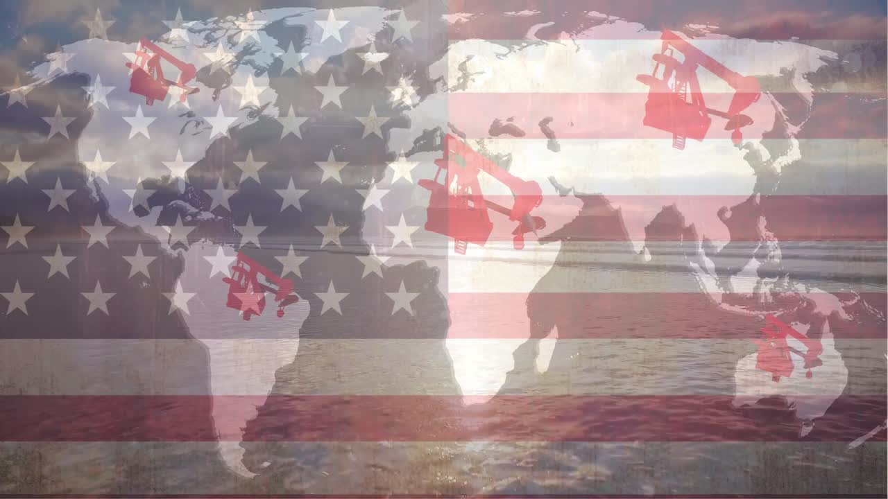 Animation av oljepumpar över världskarta och USA:s flagga