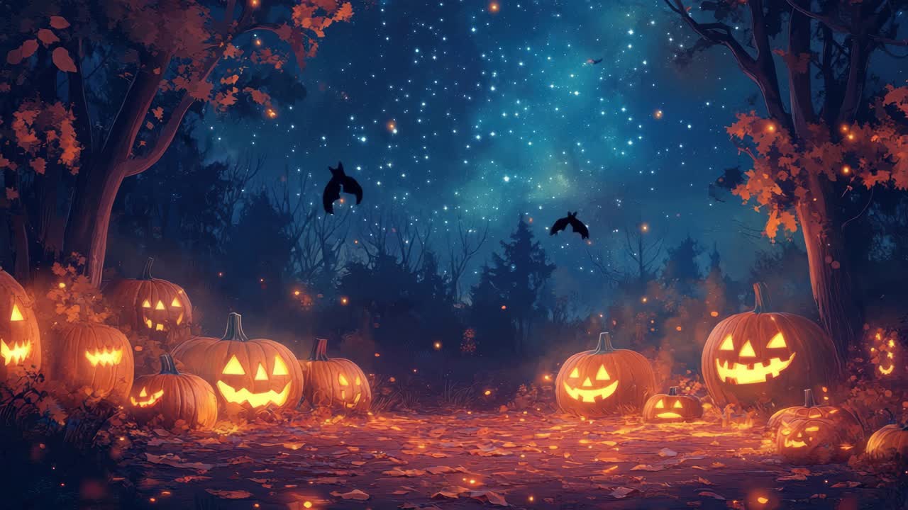 Incantevole scena di Halloween con zucche illuminate sotto un cielo stellato