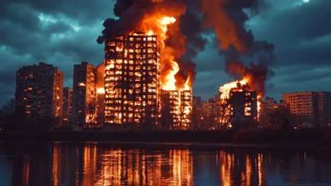 a large fire is burning in the middle of a city at night