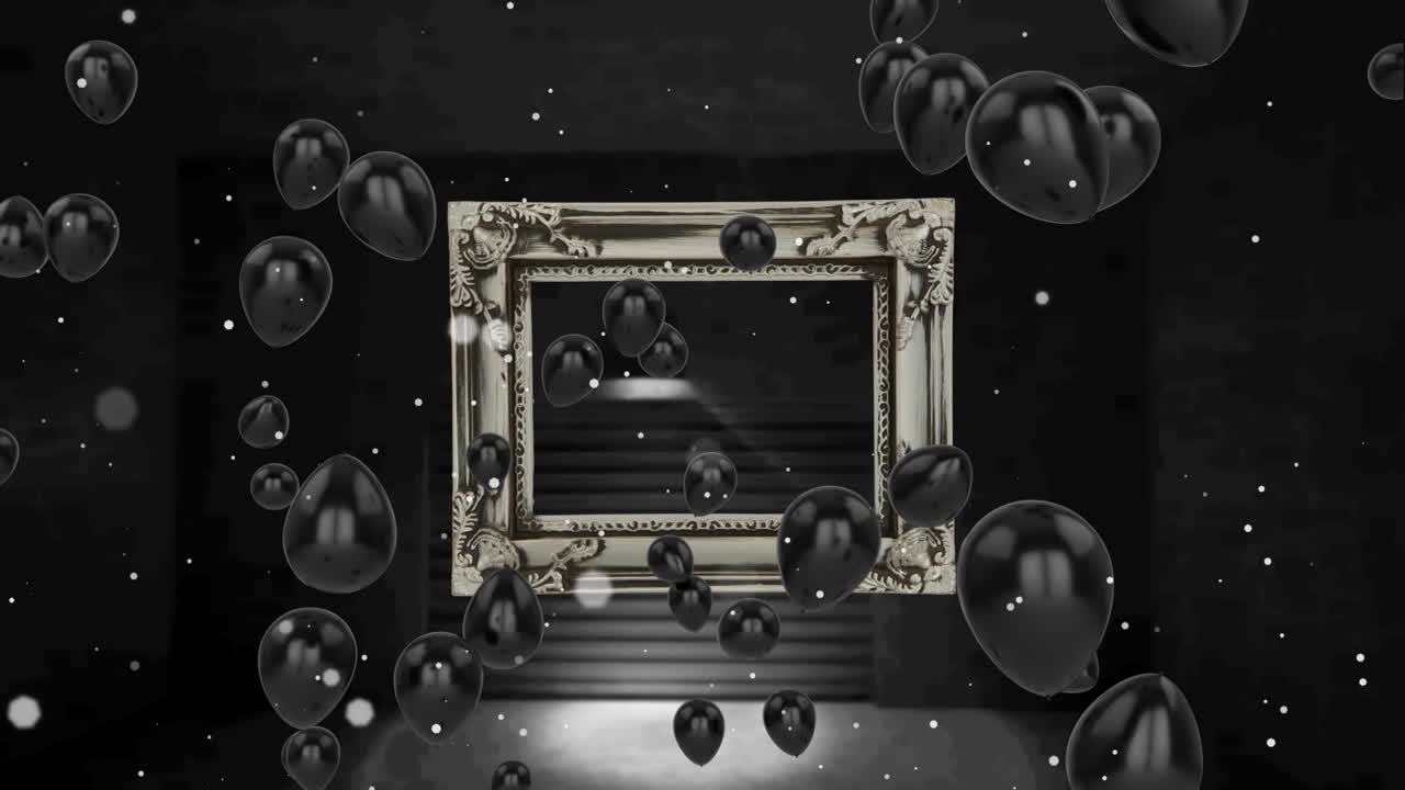 검은색 풍선과 빛의  ⁇  반점이 은색 그림 프레임 위에 움직이는 애니메이션, 검은색