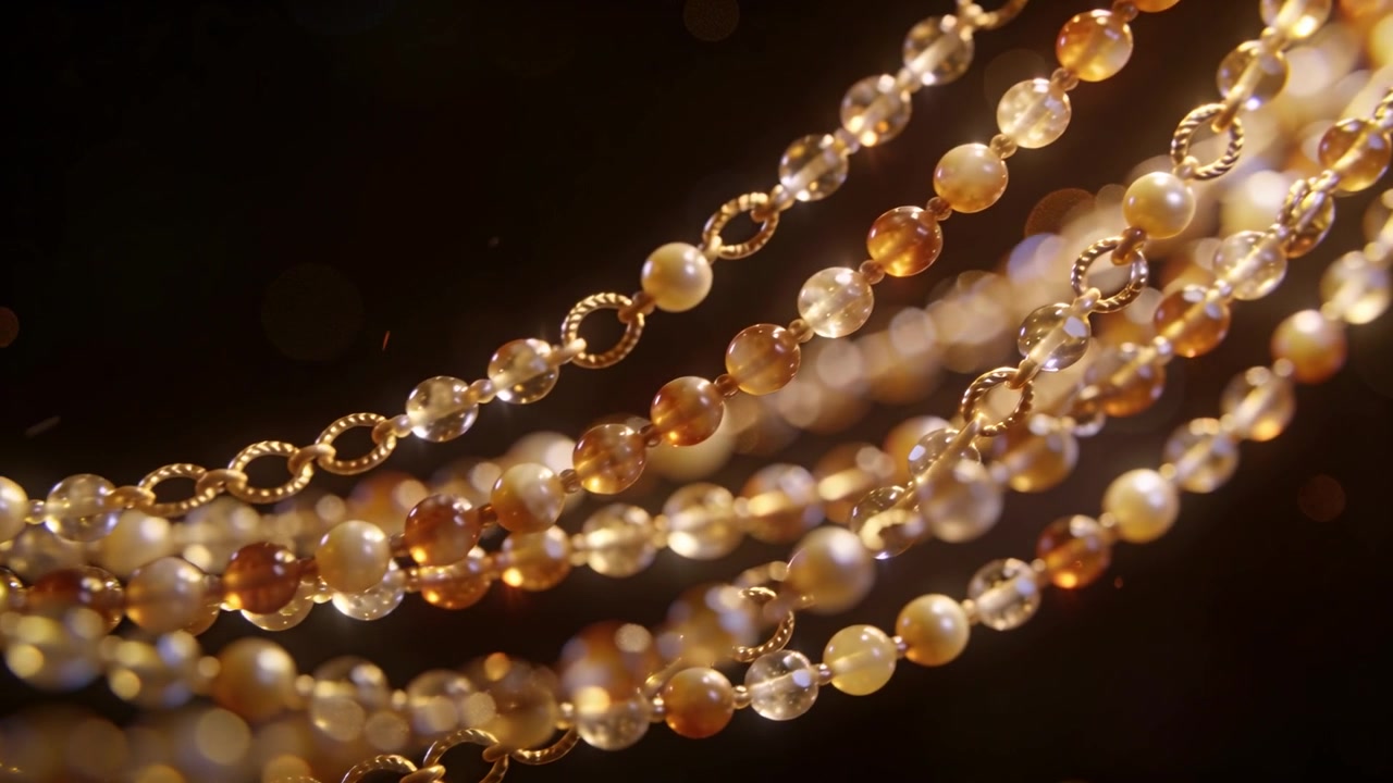 Fili di luce calda in movimento che ondeggiano e brillano su uno sfondo scuro, mostrando perle di cristallo ambra, perle e maglie d'oro.