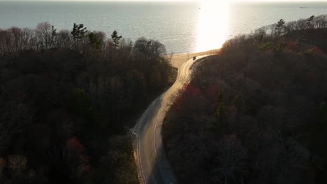 Sonne-Verblasst-über-Blühenden-Bäumen,-Während-Der-Verkehr-Das-Ufer-Verlässt