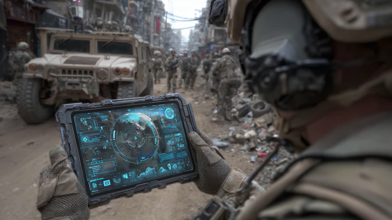 A Military Soldier Utilizing a High-Tech Tablet Device in a War-Torn Urban Environment While Overseeing Tactical Operations and Monitoring Defense Strategies