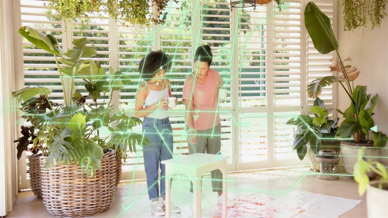 Mother and daughter inspecting stool in home AR overlay popping gestures guiding overlay and choice
