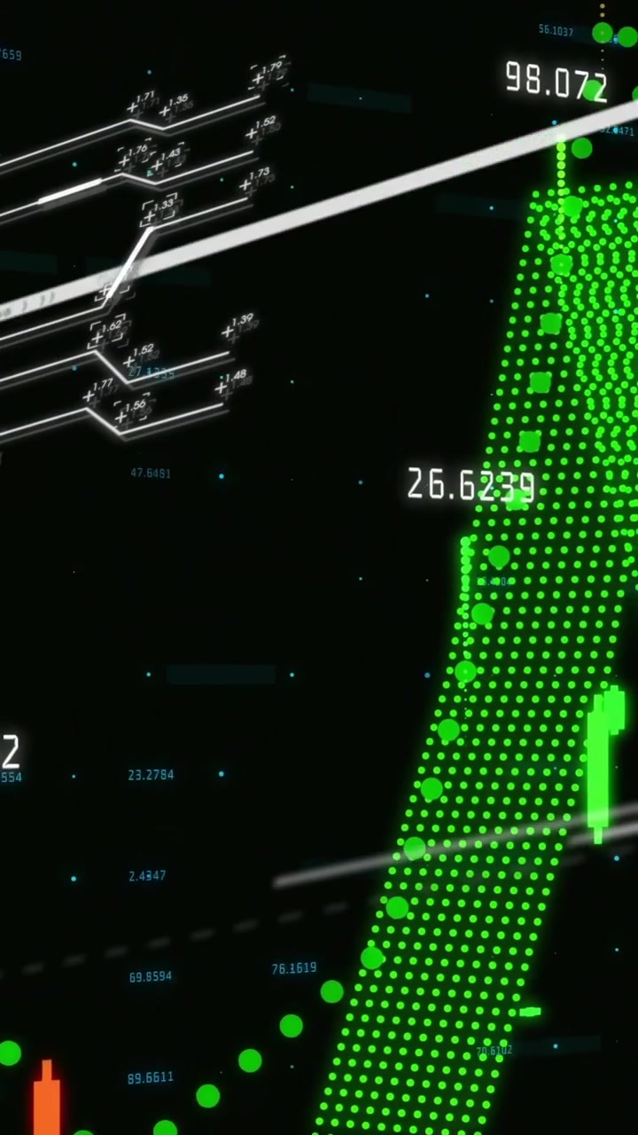 Animation of financial data processing on black background