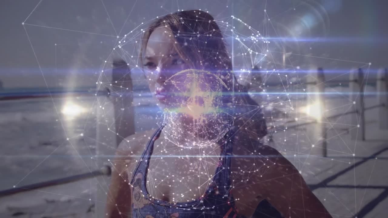 animación del globo de conexiones sobre la pareja corriendo al aire libre