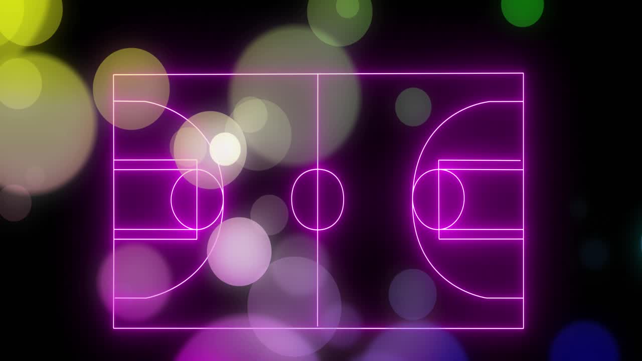 Animation of neon purple handball court layout against colorful spots of light on black background