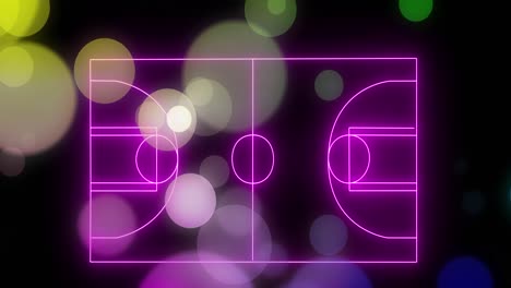 animation of neon purple handball court layout against colorful spots of light on black background