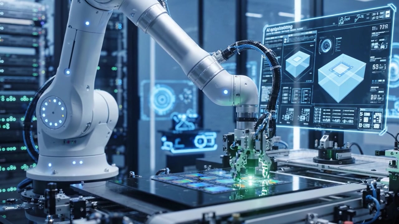 Advanced Robotic Arm Engaged in Precision Manufacturing with High-Tech Visualization in a Modern Automated Environment