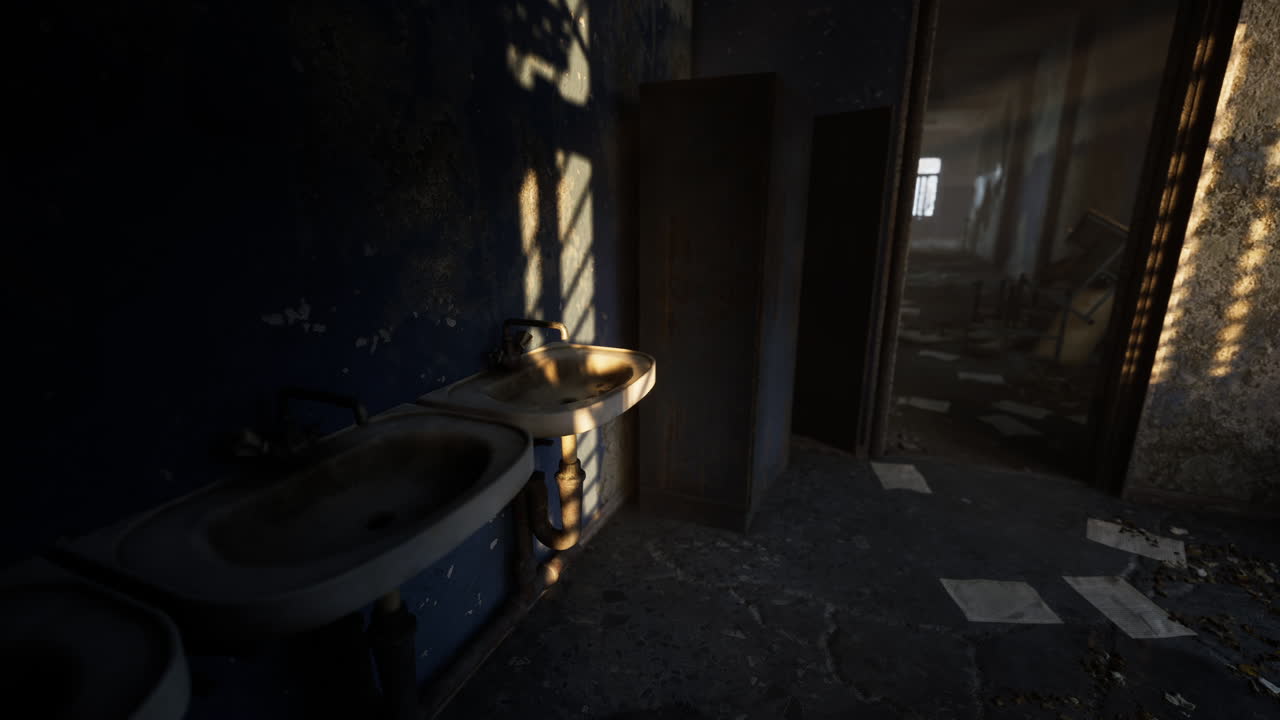 Abandoned restroom in a desolate building illuminated by sunlight