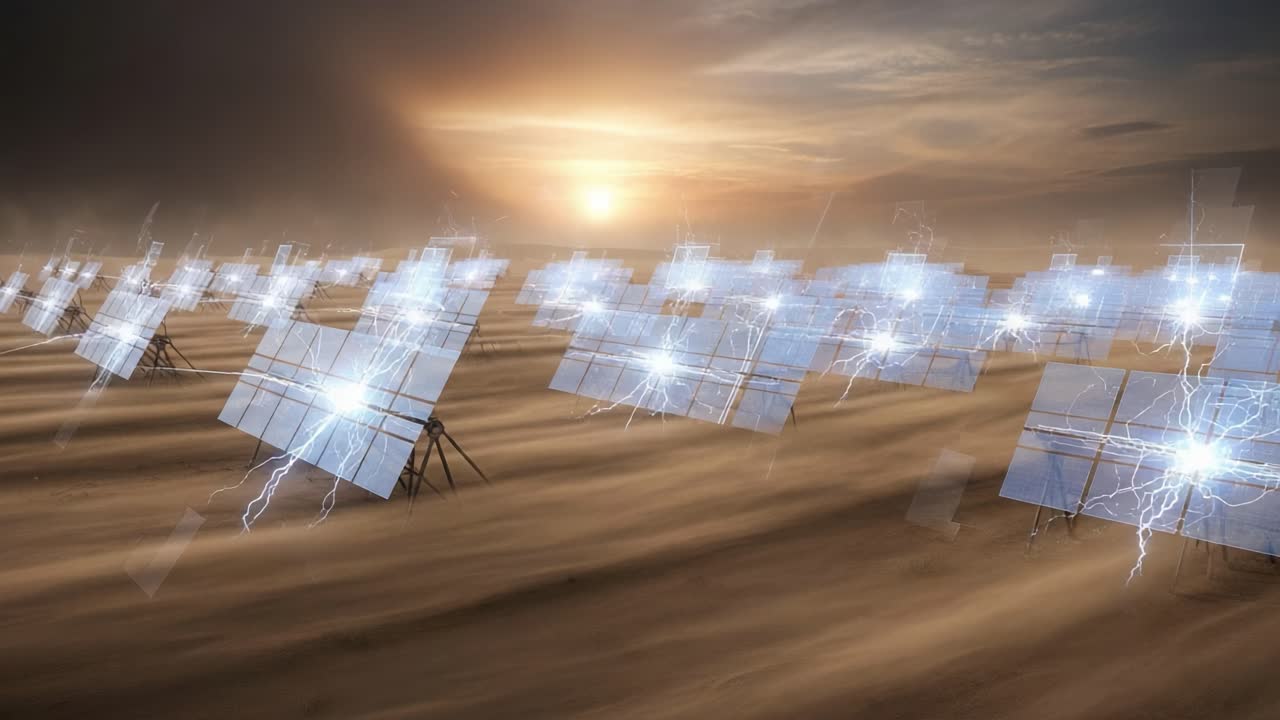 Harnessing the Power of the Sun: A Captivating View of Solar Panels Collecting Energy Amidst a Dramatic Desert Landscape Understated by a Beautiful Sunset