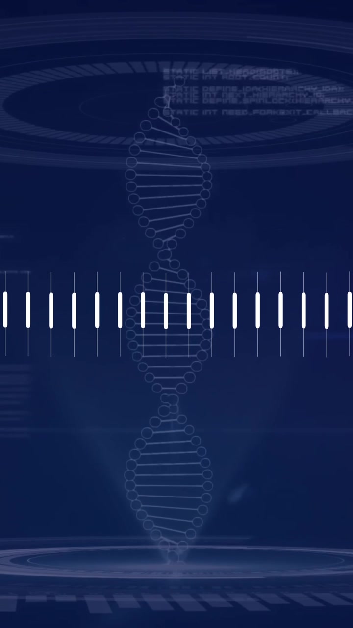 Animation of financial data processing over dna strand on black background