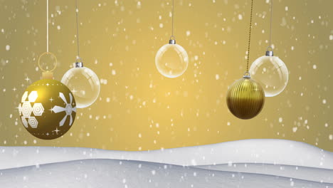 Animation-of-snow-falling-over-christmas-decorations-baubles-and-winter-scenery