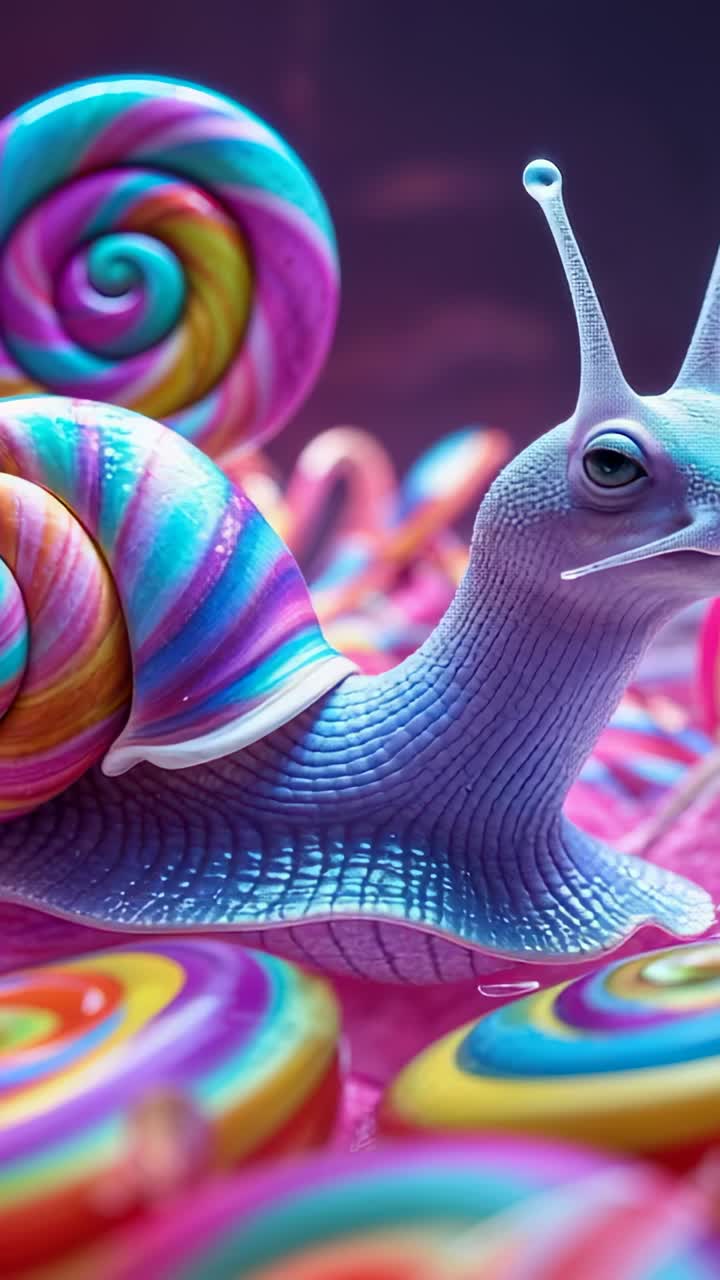 Vertical video: Extending antennae snail with lollipop shell gliding among candy, rainbow lollipops