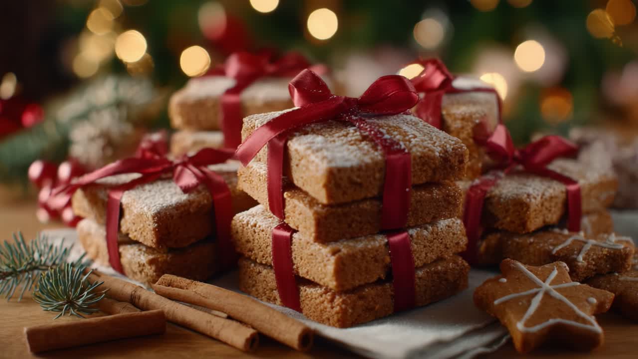 Delightful Holiday Treats: A Festive Display of Sugar-Dusted Cookies Wrapped with Red Ribbons, Perfect for Celebrating Seasonal Gatherings and Gift-Giving Moments
