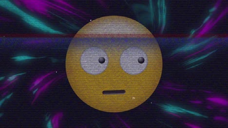 Digital-animation-of-confused-face-emoji-against-digital-waves-on-black-background