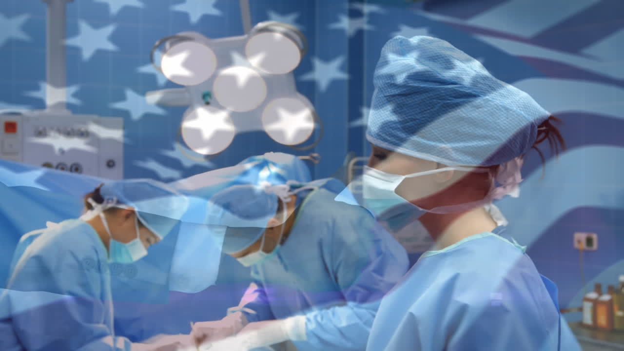 수술실 에서 외과의사 들 위 에 흔들리는 미국 국기 의 애니메이션