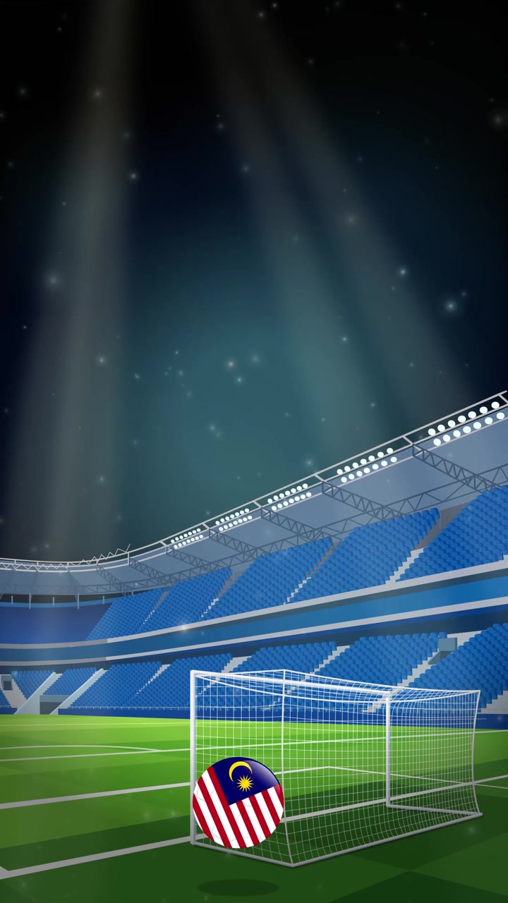 Soccer Ball with Malaysia Flag Flying into Goal at Night Stadium