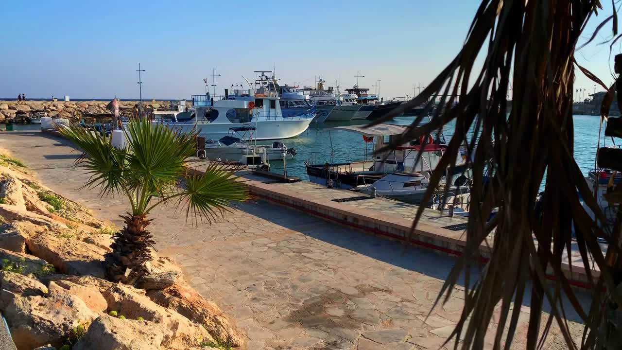 Promenade on a Sunny Day at Cypriot Fantastic Pier with Yachts