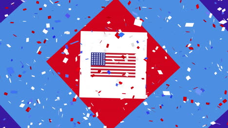 animation of confetti over flag with red, white and blue of united states of america