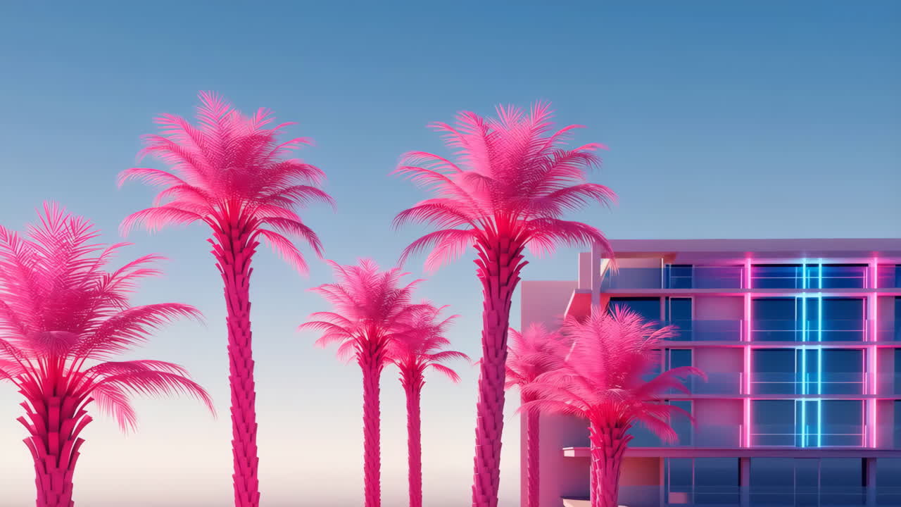 Vibrant Pink Palm Trees and Neon-Lit Building