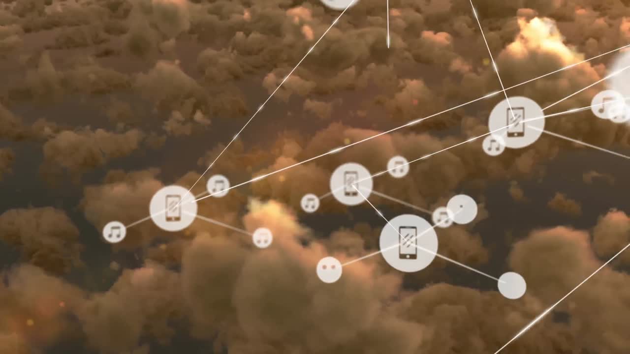 animación de redes de conexiones con iconos sobre nubes y cielo
