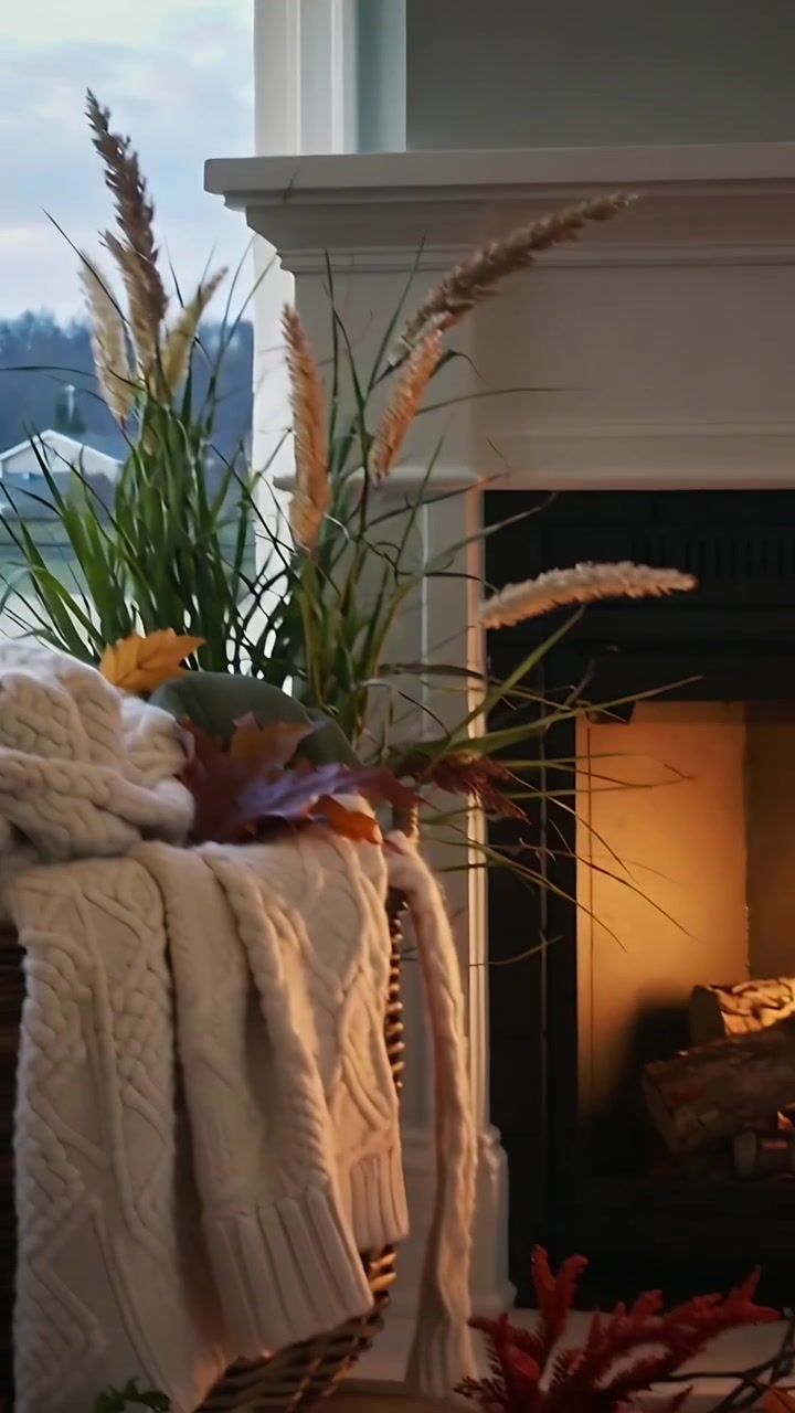 Video verticale: Telecamera che si allontana rivelando un cesto intrecciato con una coperta e il bagliore del focolare in un angolo accogliente di casa.