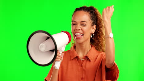 Happy-woman,-megaphone-and-screaming-on-green