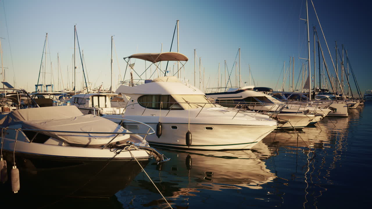 Row of luxury yachts and sailboats docked in a marina on the French Riviera