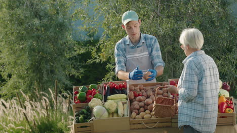 senior woman with a basket in her hand buys vegetables at the farmers market. 4k video