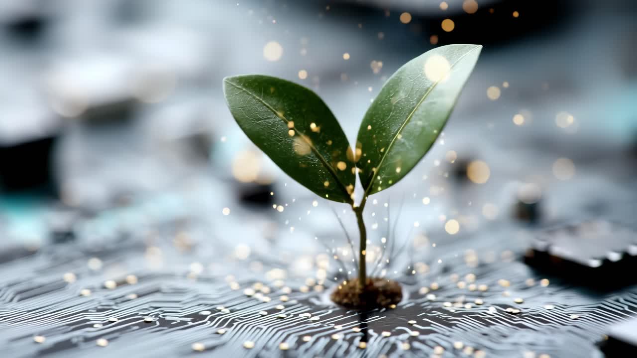 Growth of nature on technology circuit. A young plant with green leaves emerges from a circuit board, symbolizing the fusion of nature and technology.