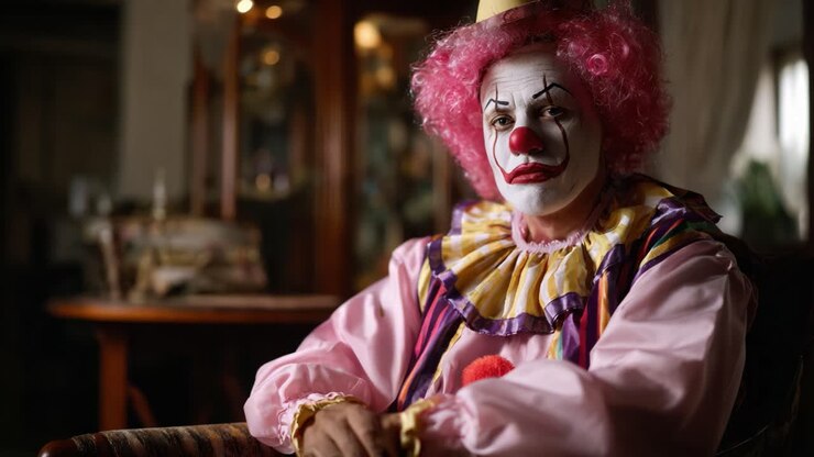 Un clown colorato con capelli rosa e un costume da clown, seduto in un salotto, che mostra espressioni emotive attraverso il trucco sul viso e l'abbigliamento teatrale
