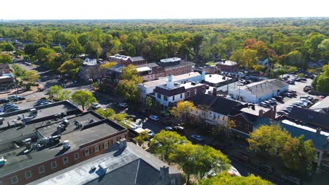 worthington ohio, aerial drone footage of historic downtown area, central ohio,a suburb of columbus, ohio just north of the city.