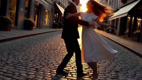 romantic couple dancing on a cobblestone street at sunset