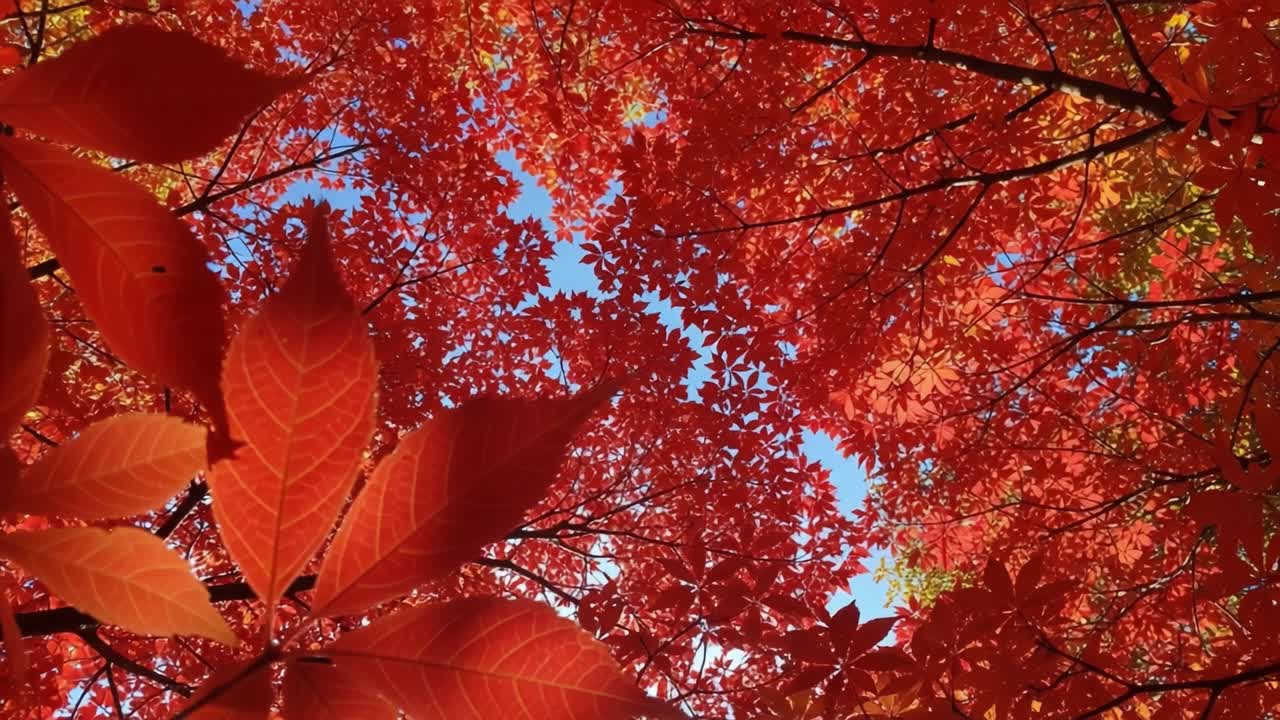 A Captivating Canopy of Crimson Leaves: Experience the Stunning Transformation of Autumn Foliage as Vivid Red Leaves Create a Gorgeous Natural Ceiling