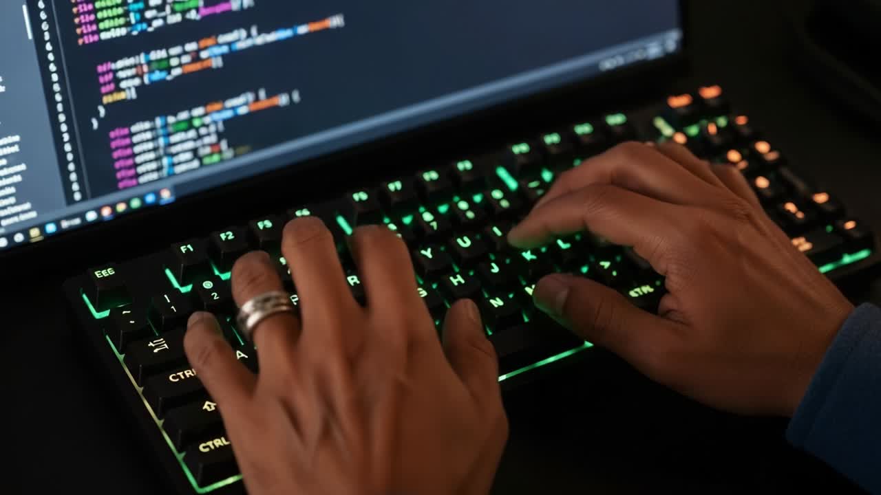 A close-up view of a person's hands typing on a vibrant, illuminated keyboard while coding on a computer screen filled with colorful programming languages and text, showcasing the intricacies of coding and technology
