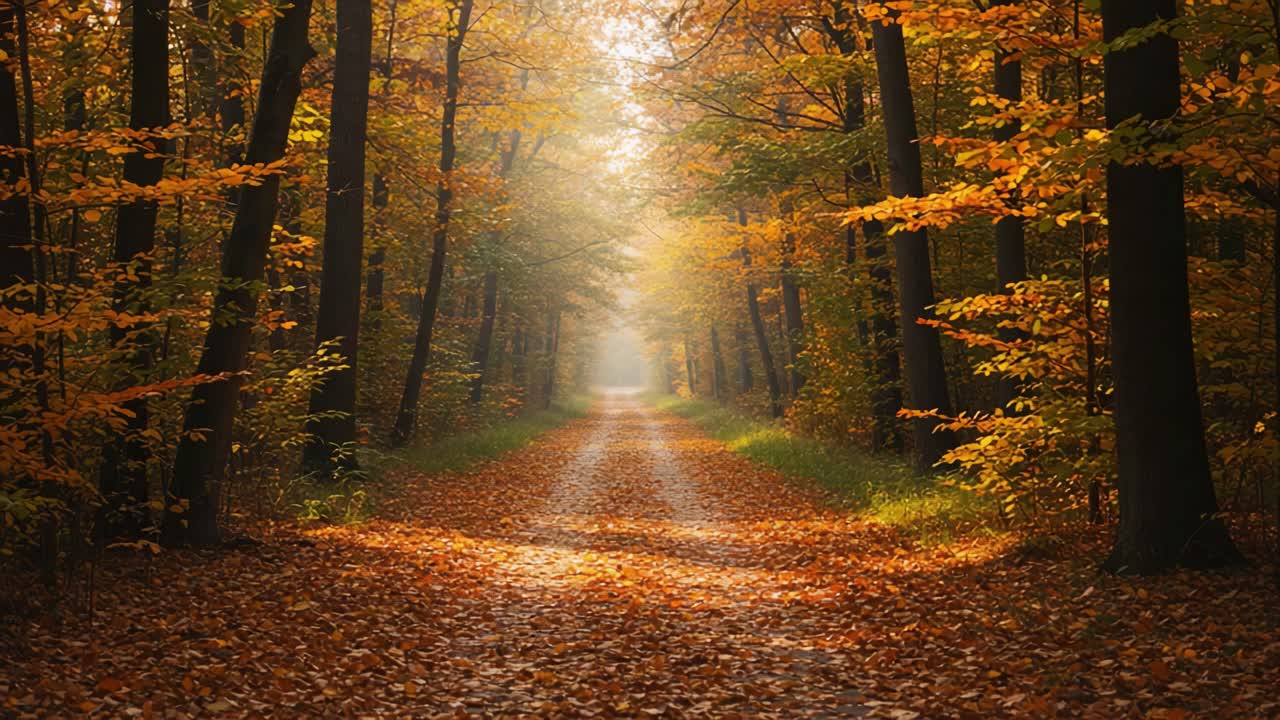 A serene forest pathway enveloped in the warm hues of autumn foliage, showcasing a tranquil scene with golden leaves lining the gravel trail illuminated by soft sunlight