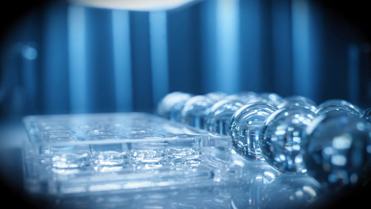 A Close-Up View of Glass Spheres and Transparent Tray Set Against a Soft Blue Background Highlighting Reflections and Textures