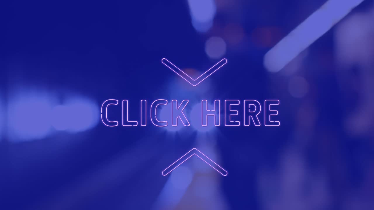 animación de clic aquí pancarta de texto de neón contra el tren que llega a una estación