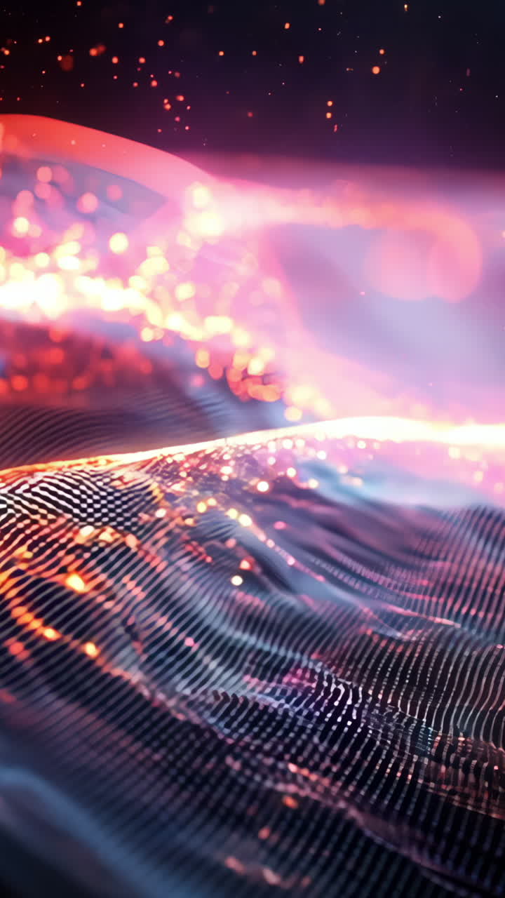 A purple wave with red sparks on it. The wave is made of a pattern of dots. The image has a futuristic and abstract feel to it Vertical video