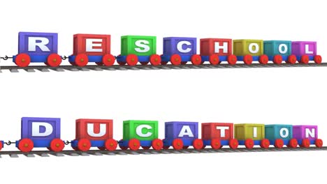 animation of two 3d trains carrying preschool and education letters