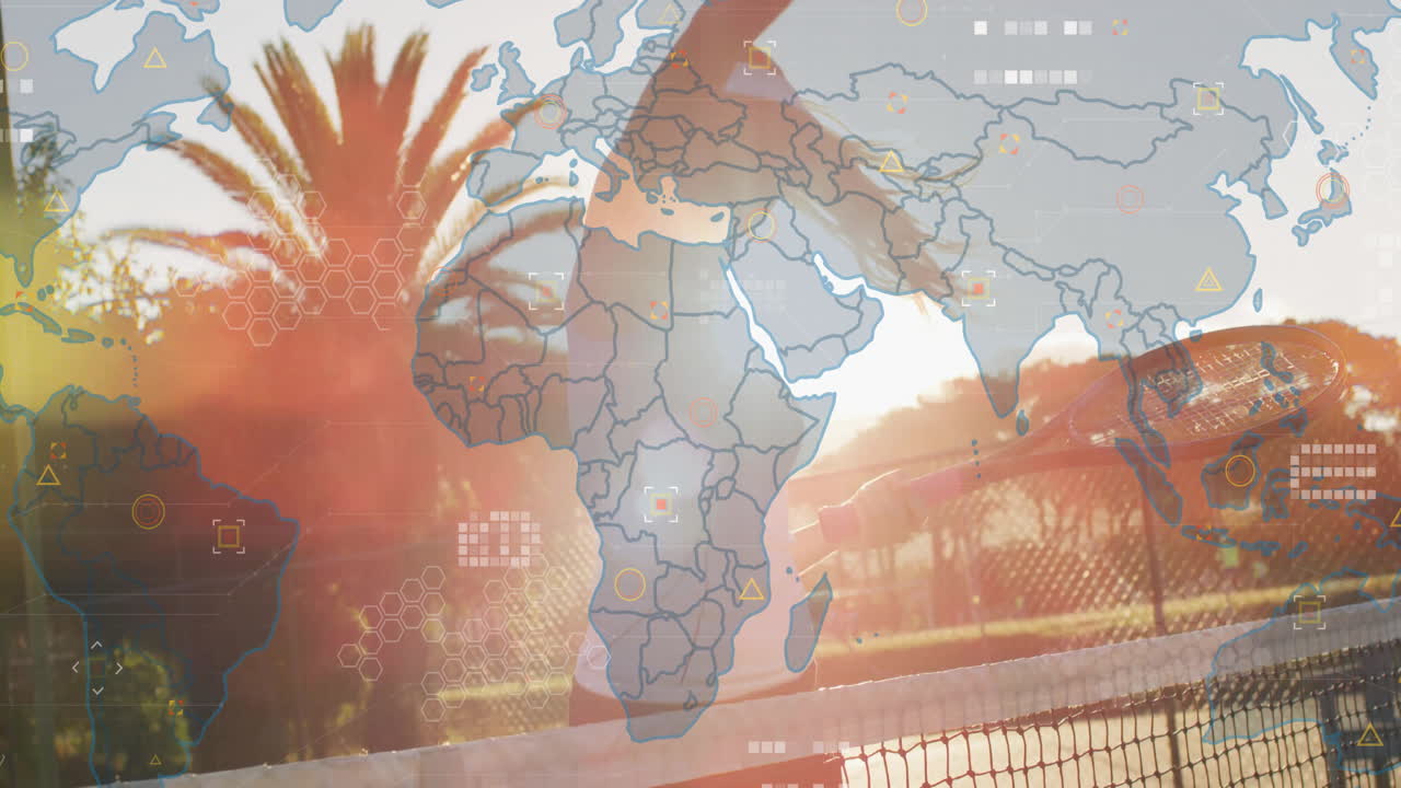 Female tennis player swinging racket on court, showing technology with digital world-map interface