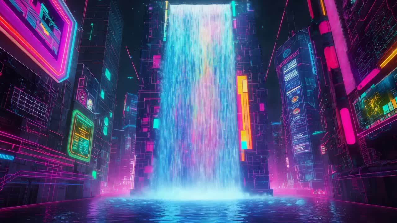 Cyberpunkstad vattenfall