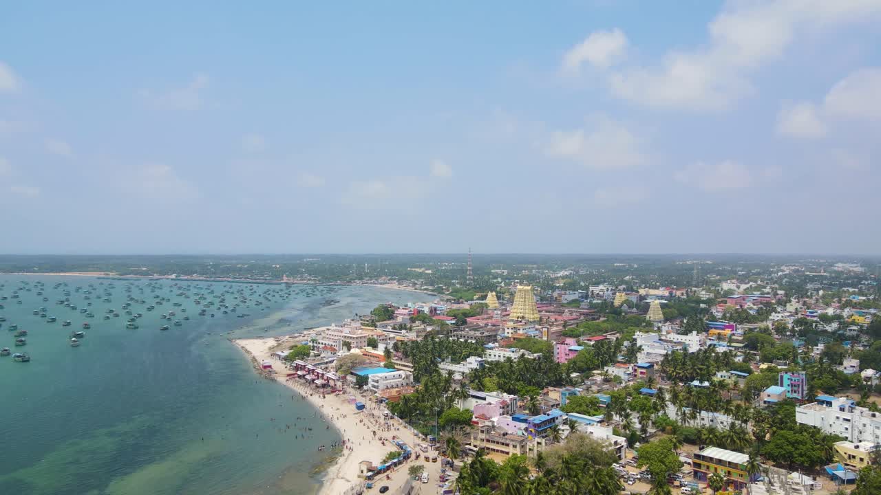 Breathtaking aerial drone shot capturing the grandeur of Rameshwaram temple amidst the cityscape.