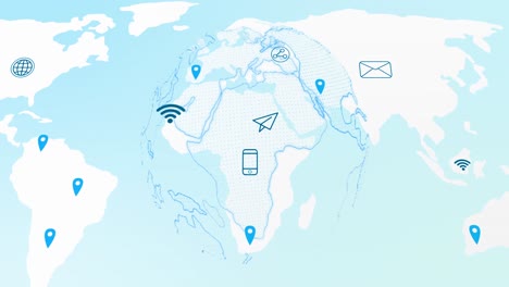 animation of world map with location marks and tech icons on light blue background