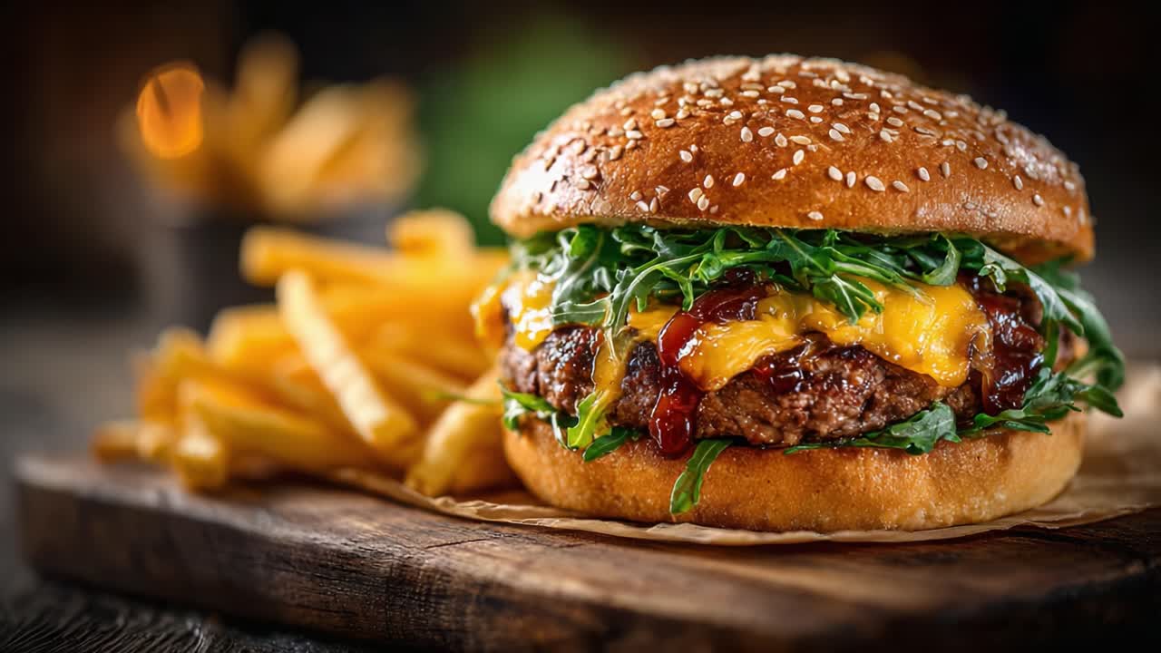 Concediti un cheeseburger da acquolina in bocca, farcito con rucola fresca, formaggio fuso e salse saporite, servito con patatine fritte croccanti per un'esperienza culinaria perfetta.