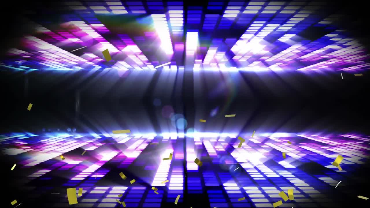 Animazione digitale di coriandoli dorati che cadono su luci da discoteca viola su sfondo nero