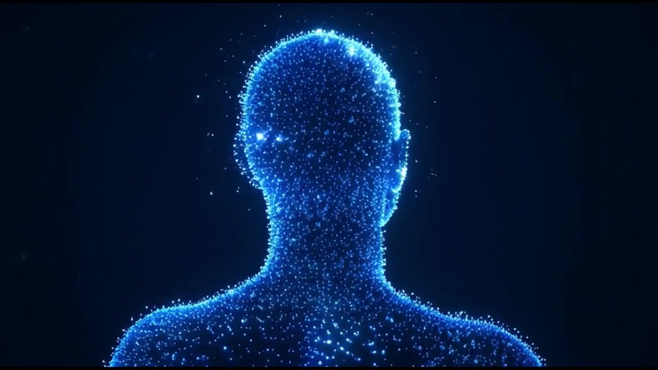 Silhouette digitale di testa e corpo umano con particelle blu luminose